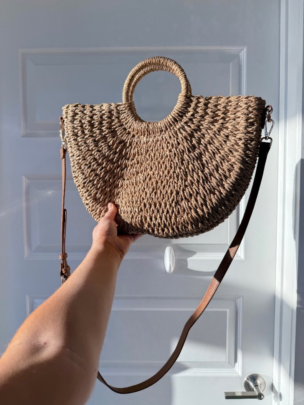 Woven Straw Half Moon Crossbody Bag Top Handle Purse